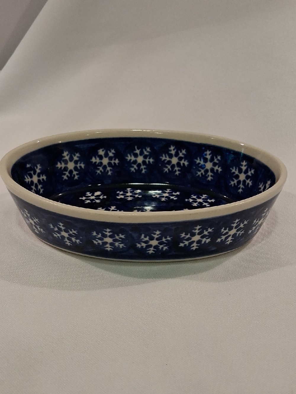 Boleslawiec Blue White Snowflake Ceramic Oval Dish Handmade In Poland